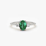 14k Oval Shape Emerald and Diamond 3 Stone Ring 14K White Gold Ferkos Fine Jewelry