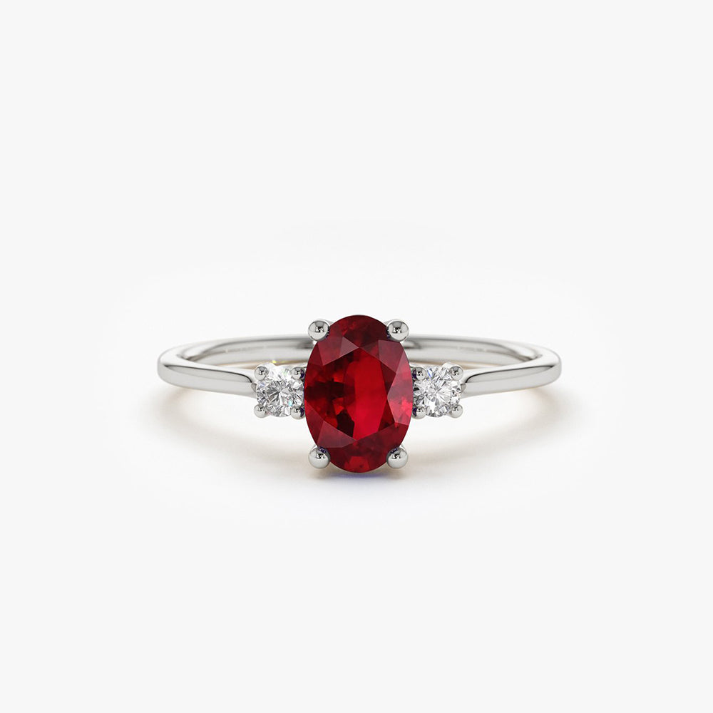 14k Oval Shape Ruby and Diamond 3 Stone Ring – FERKOS FJ