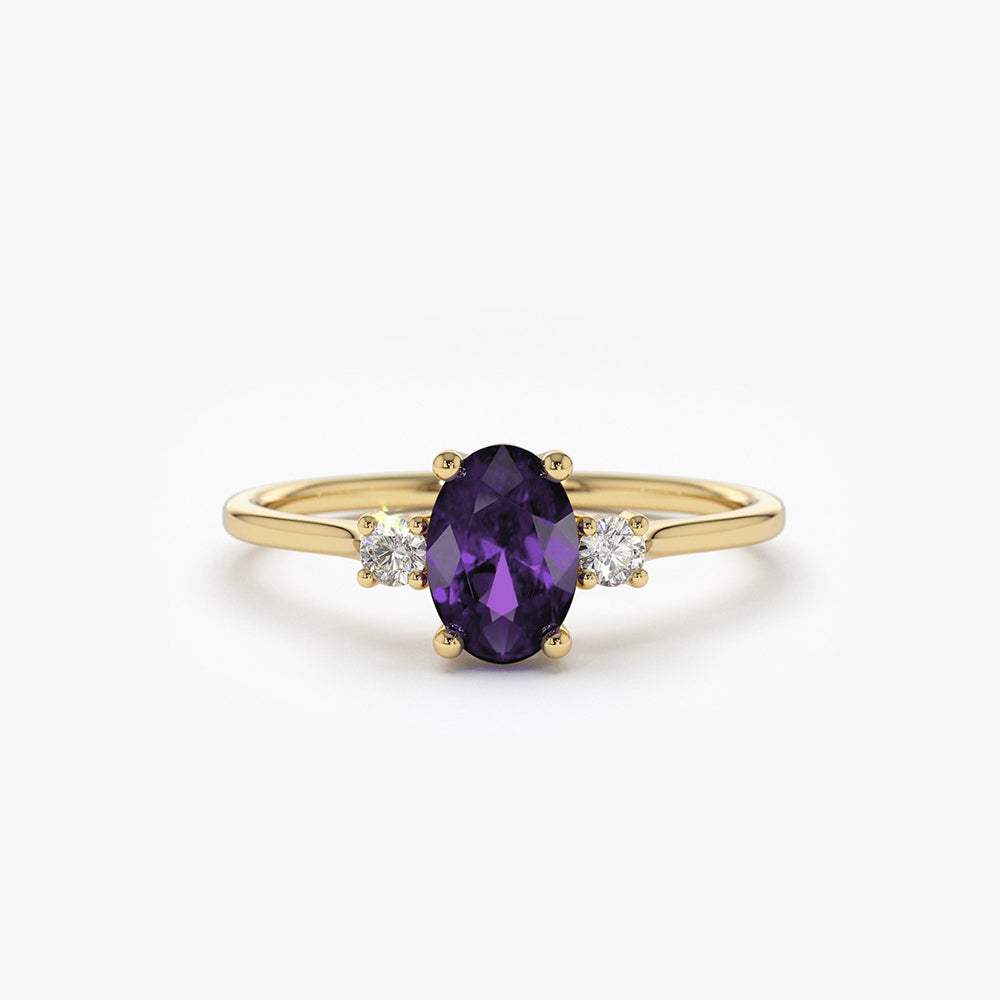 14K Gold Oval Shape Amethyst and Diamond 3 Stone Ring – FERKOS FJ