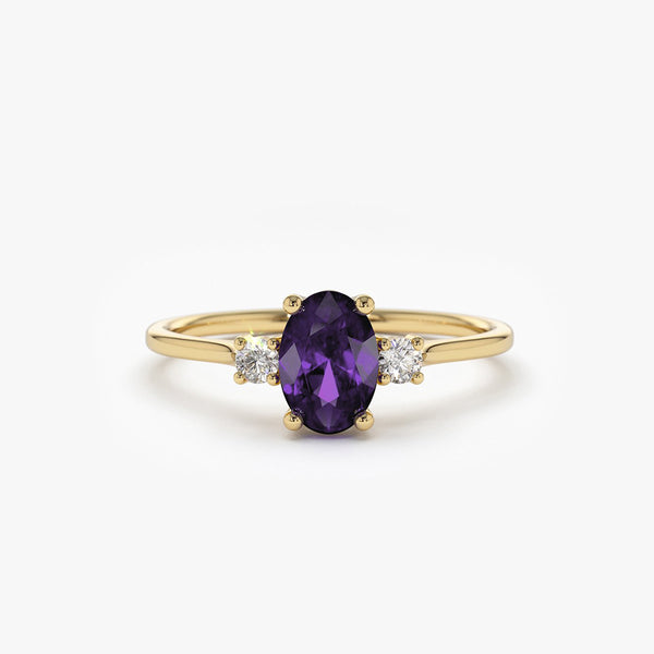 9ct Yellow Gold Amethyst and store Diamond 3 Stone Ring Size M 1/2