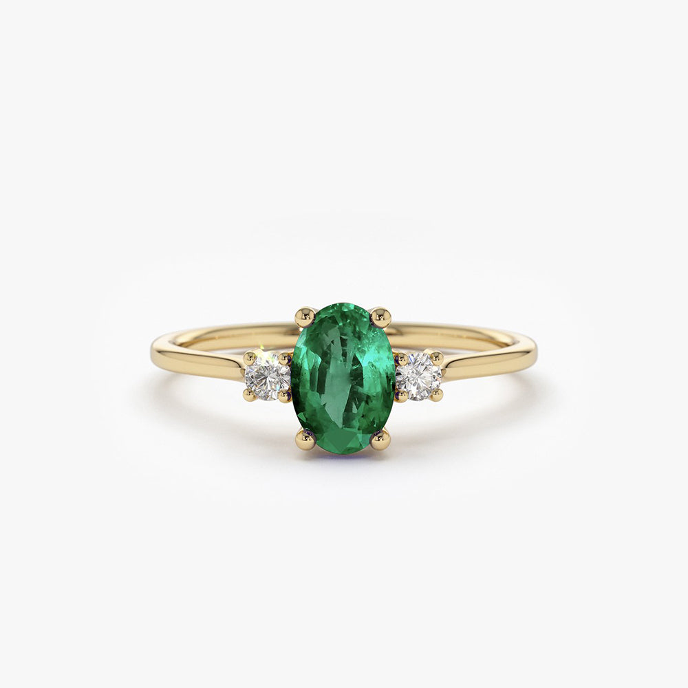 14k Oval Shape Emerald and Diamond 3 Stone Ring 14K Gold Ferkos Fine Jewelry