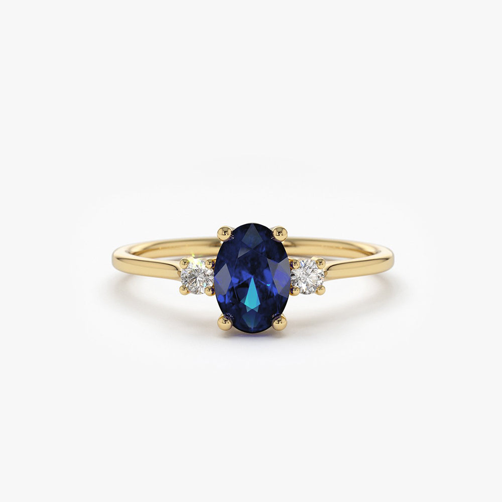 14k Oval Shape Sapphire and Diamond 3 Stone Ring 14K Gold Ferkos Fine Jewelry