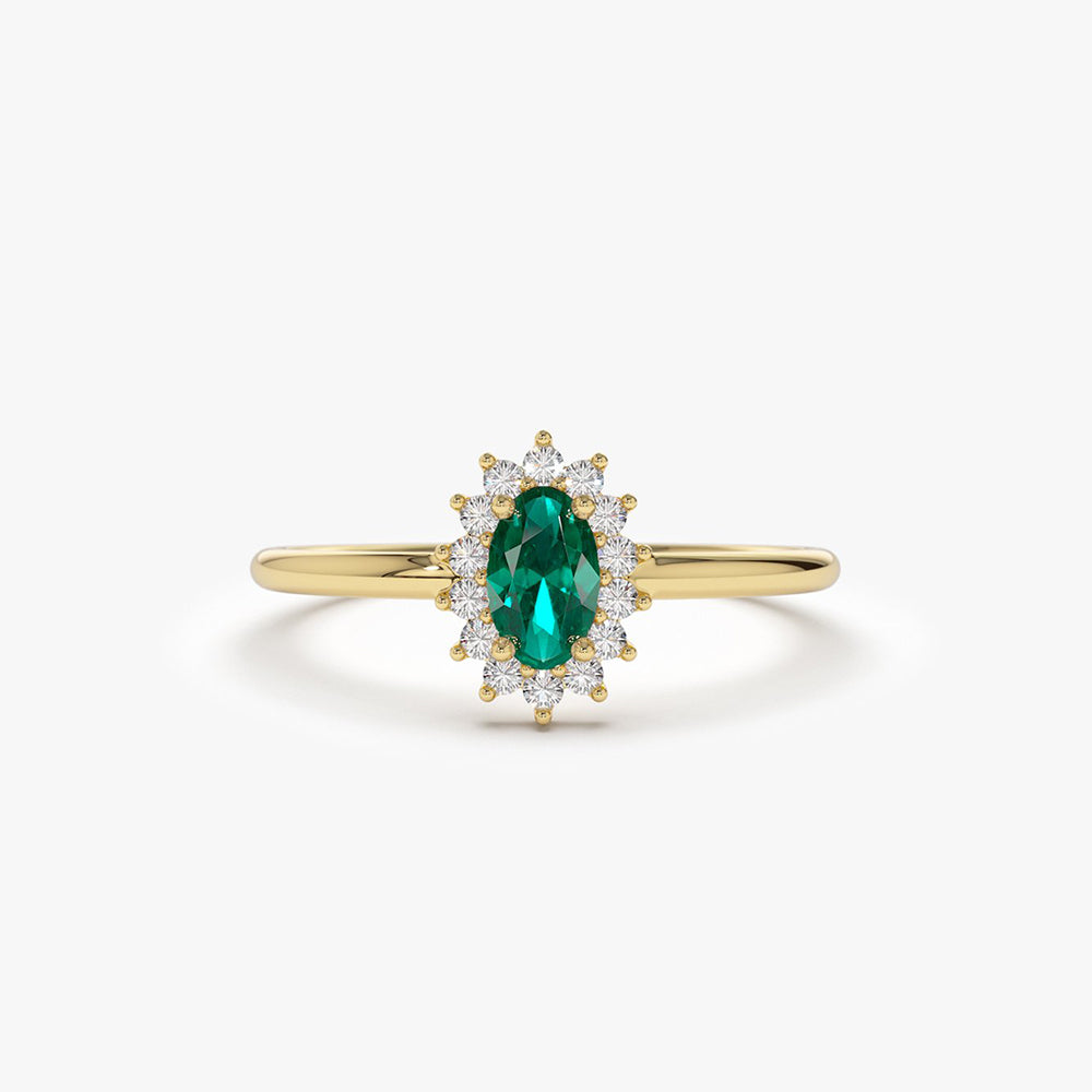 14K Emerald Diamond Bombe Ring 