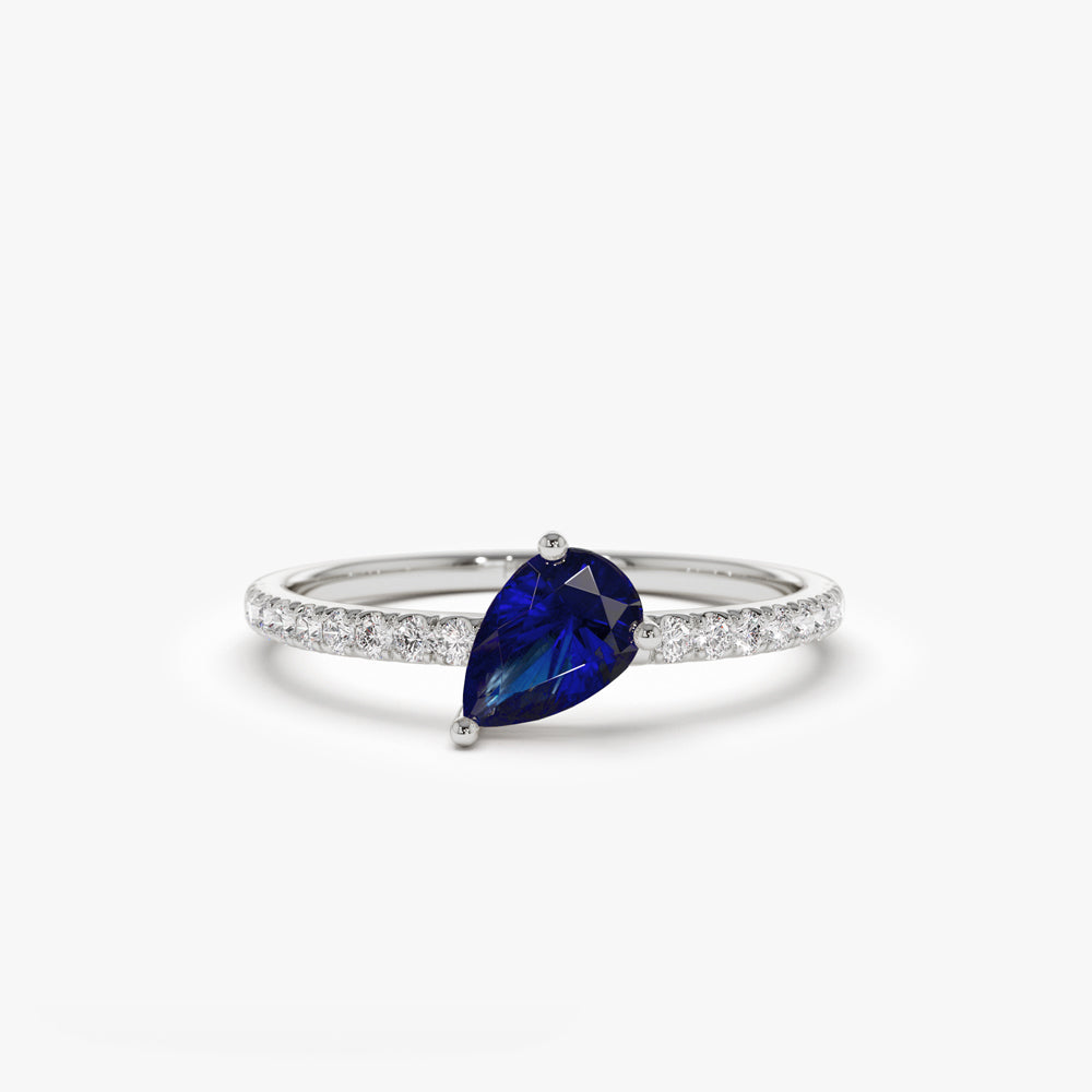 14k Slanted Pear Shape Sapphire Ring with Pave Diamonds – FERKOS FJ