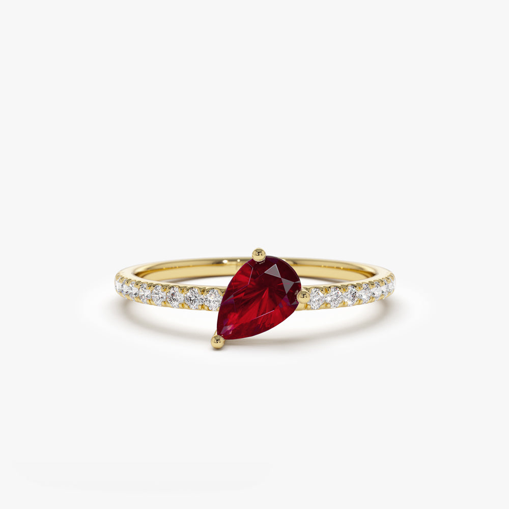 14k Slanted Pear Shape Ruby Ring with Pave Diamonds 14K Gold Ferkos Fine Jewelry