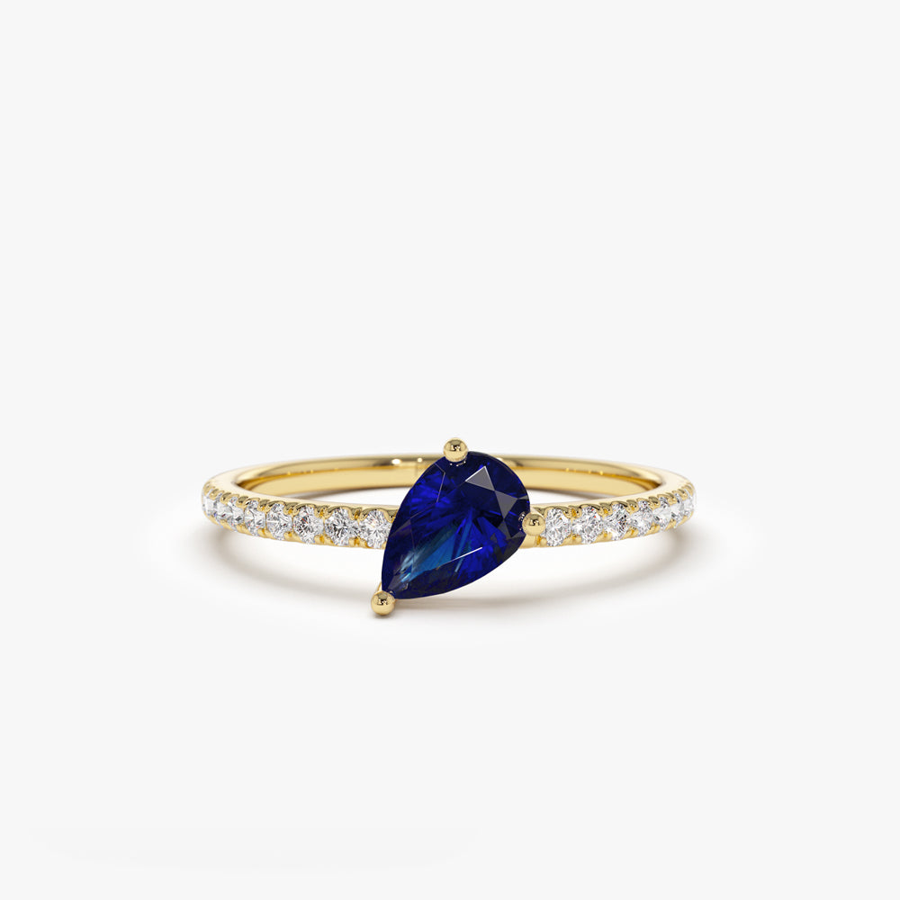 14k Slanted Pear Shape Sapphire Ring with Pave Diamonds 14K Gold Ferkos Fine Jewelry