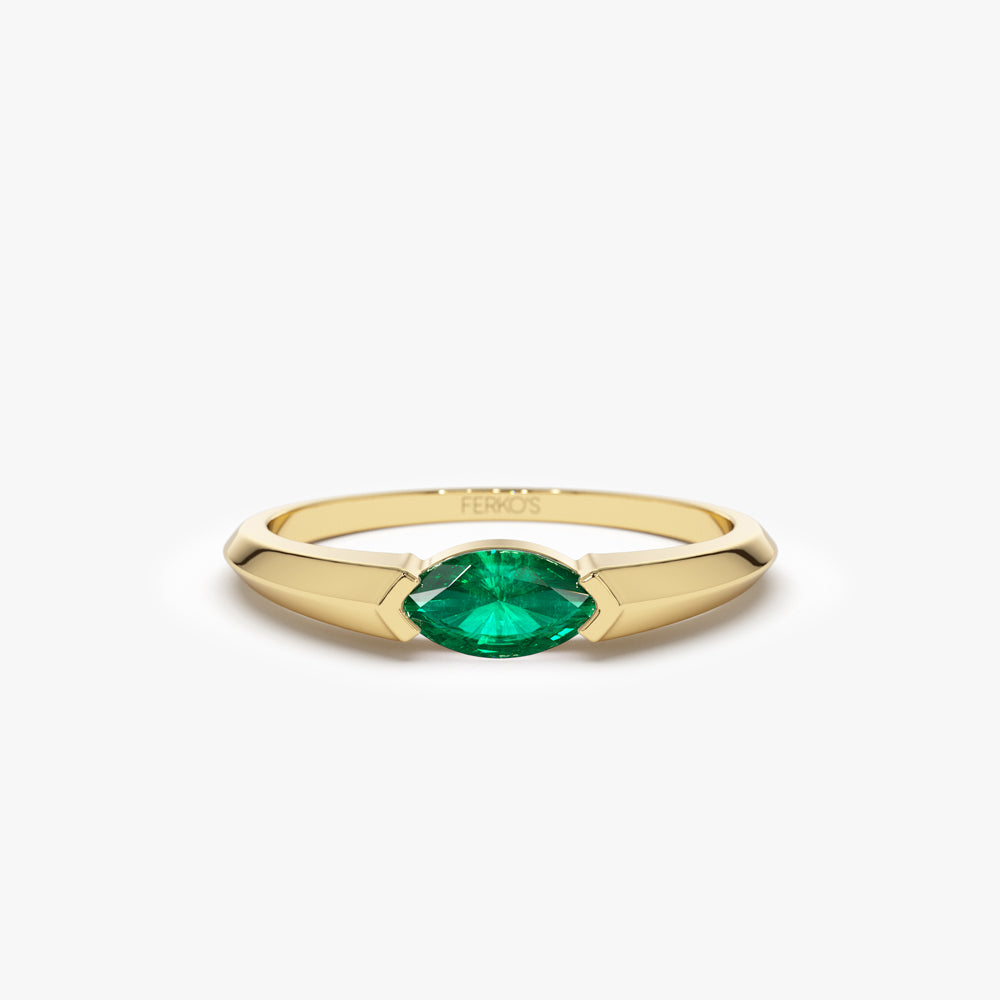 14K Horizontal Marquise Shape Natural Emerald Ring 14K Gold Ferkos Fine Jewelry