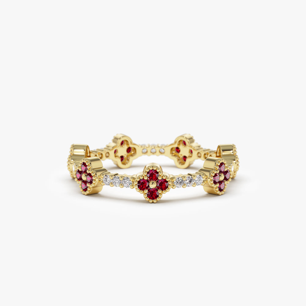 Full Eternity Clover Ruby and Diamond Ring in 14k Gold 14K Gold Ferkos Fine Jewelry