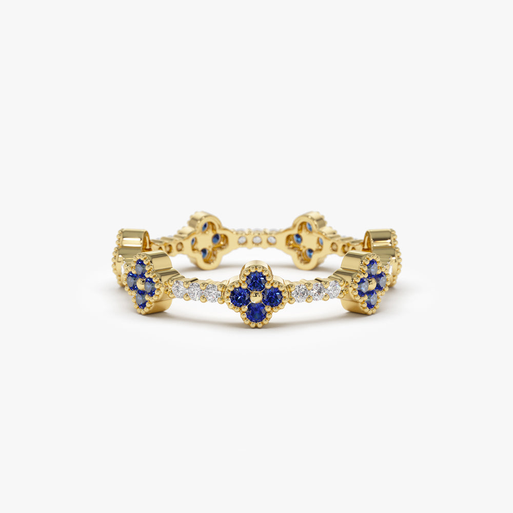 14k Full Eternity Clover Sapphire and Diamond Ring 14K Gold Ferkos Fine Jewelry