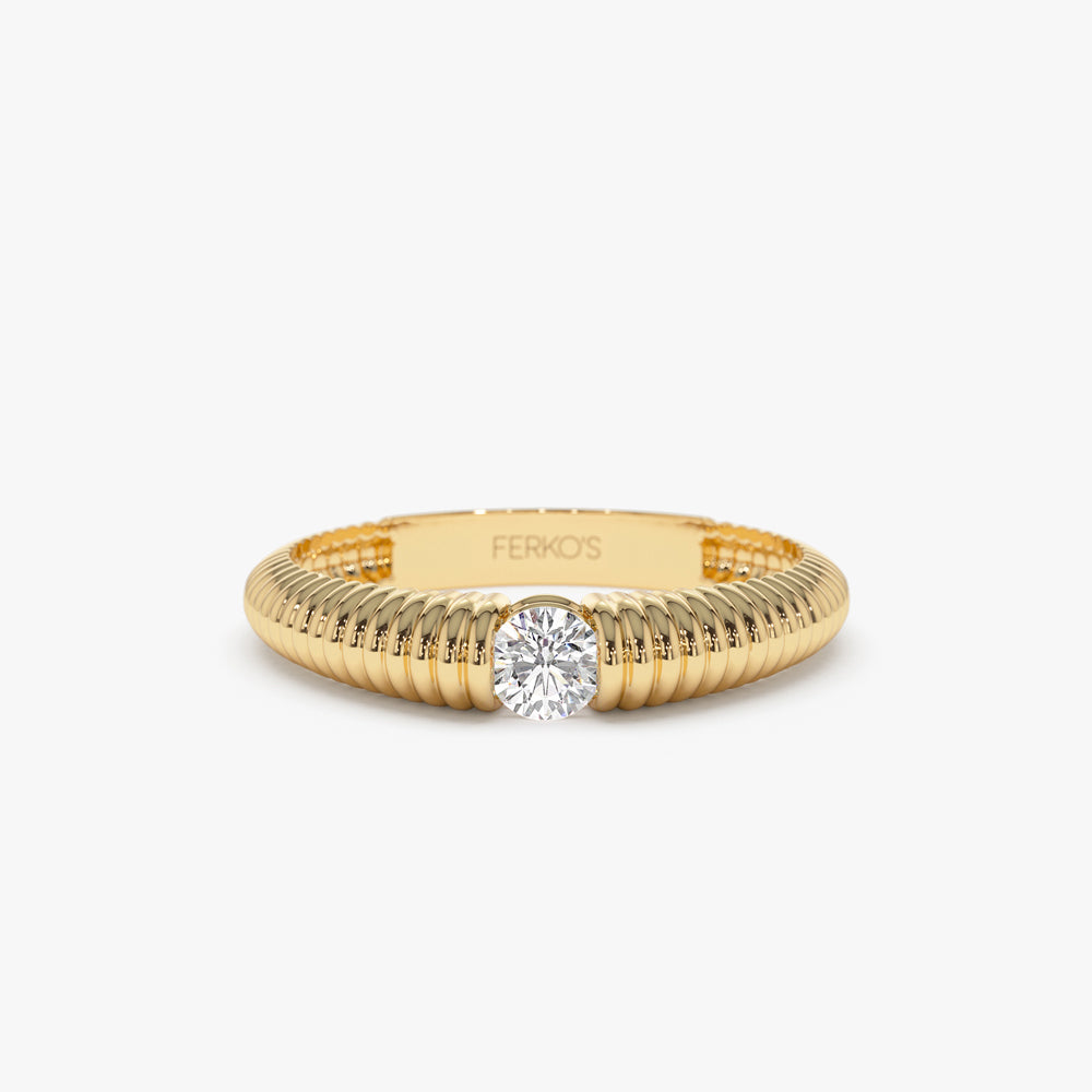 14k Gold Ribbed Gold Solitaire Diamond Ring 14K Gold Ferkos Fine Jewelry